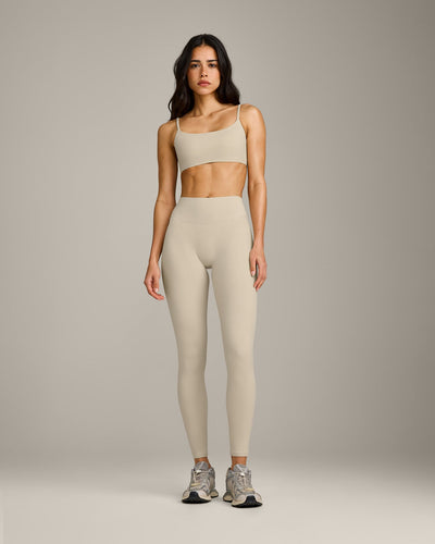 SoftMotion™ High Waisted Leggings with Grey Logo | Oatmeal