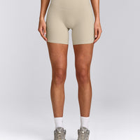 SoftMotion™ High Waisted Shorts 6" with Gray Logo | Oatmeal