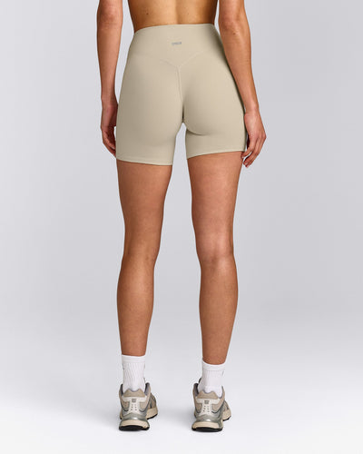 SoftMotion™ High Waisted Shorts 6" with Gray Logo | Oatmeal