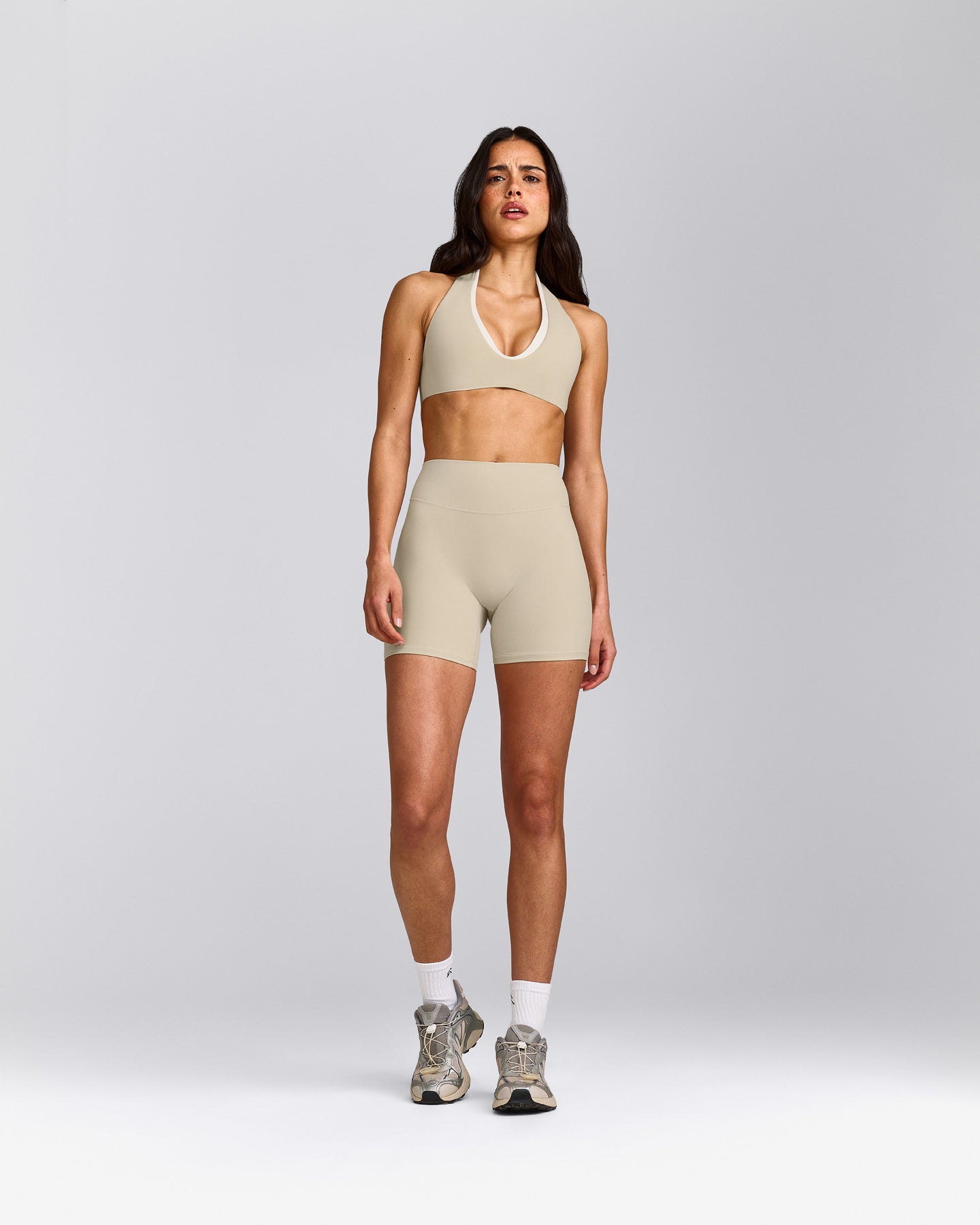SoftMotion™ High Waisted Shorts 6" with Gray Logo | Oatmeal