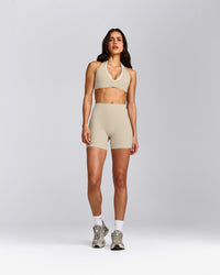 SoftMotion™ High Waisted Shorts 6" with Gray Logo | Oatmeal