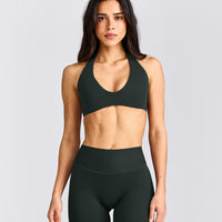 SoftMotion™ Minimal Halter Neck Bralette with Gray Logo | Emerald Noir