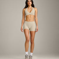 SoftMotion™ Minimal Halter Neck Bralette with Grey Logo | Oatmeal