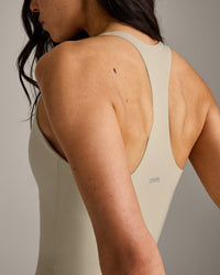 SoftMotion™ Racer Back Dress with Built in Shorts with Grey Logo | Oatmeal