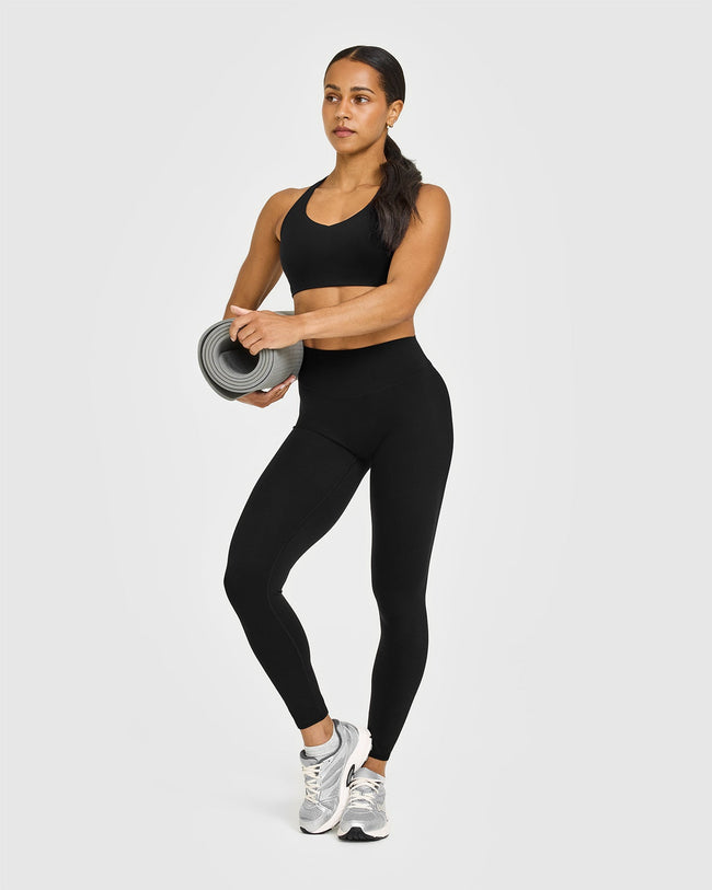 SoftMotion™ High Waisted Leggings with White Logo | Black