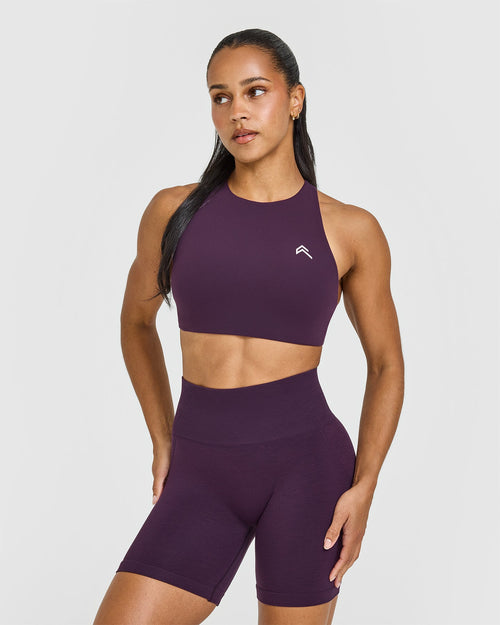 Oner Modal EasyLift™ High Neck Sports Bra with White Logo | Blackberry Purple