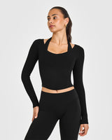 Mellow™ Rib V Neck Mid Long Sleeve Top | Black