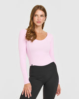 Mellow™ Rib V Neck Mid Long Sleeve Top | Chalk Pink