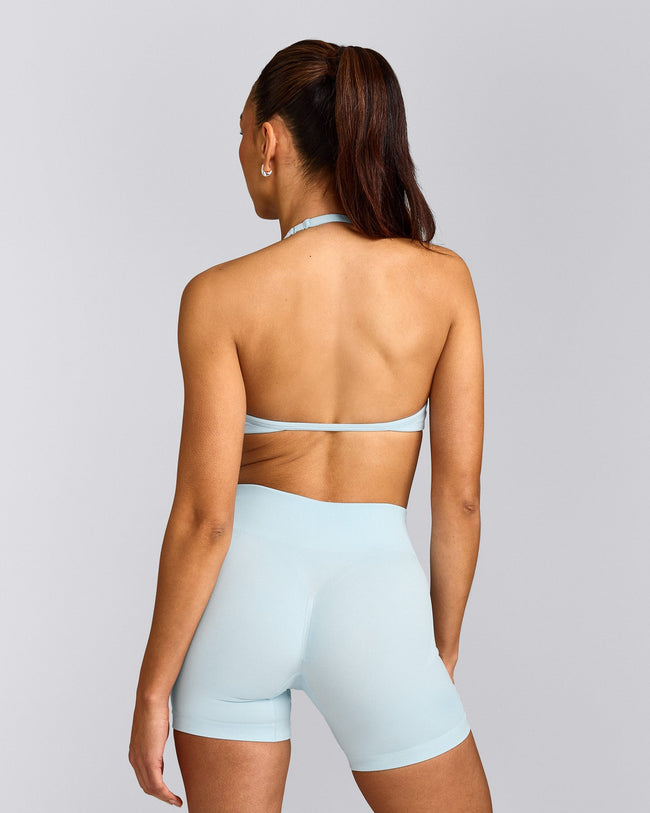 EnhanceLift™ Seamless Minimal Halter Neck Bralette with Grey Logo | Cloud Blue