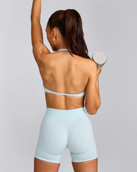 EnhanceLift™ Seamless Minimal Halter Neck Bralette with Grey Logo | Cloud Blue