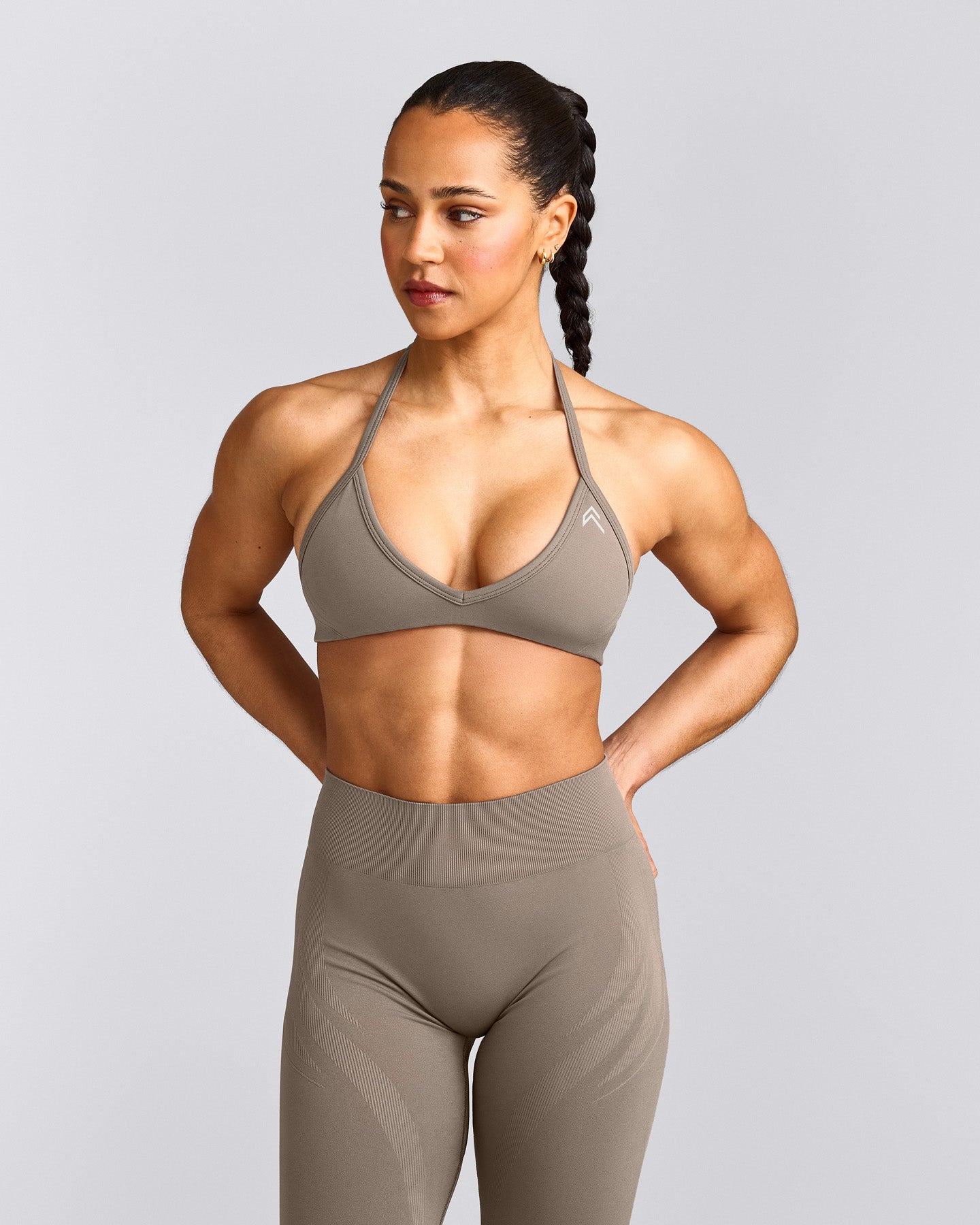 EnhanceLift™ Seamless Minimal Halter Neck Bralette with Grey Logo | Warm Minky
