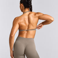 EnhanceLift™ Seamless Minimal Halter Neck Bralette with Grey Logo | Warm Minky