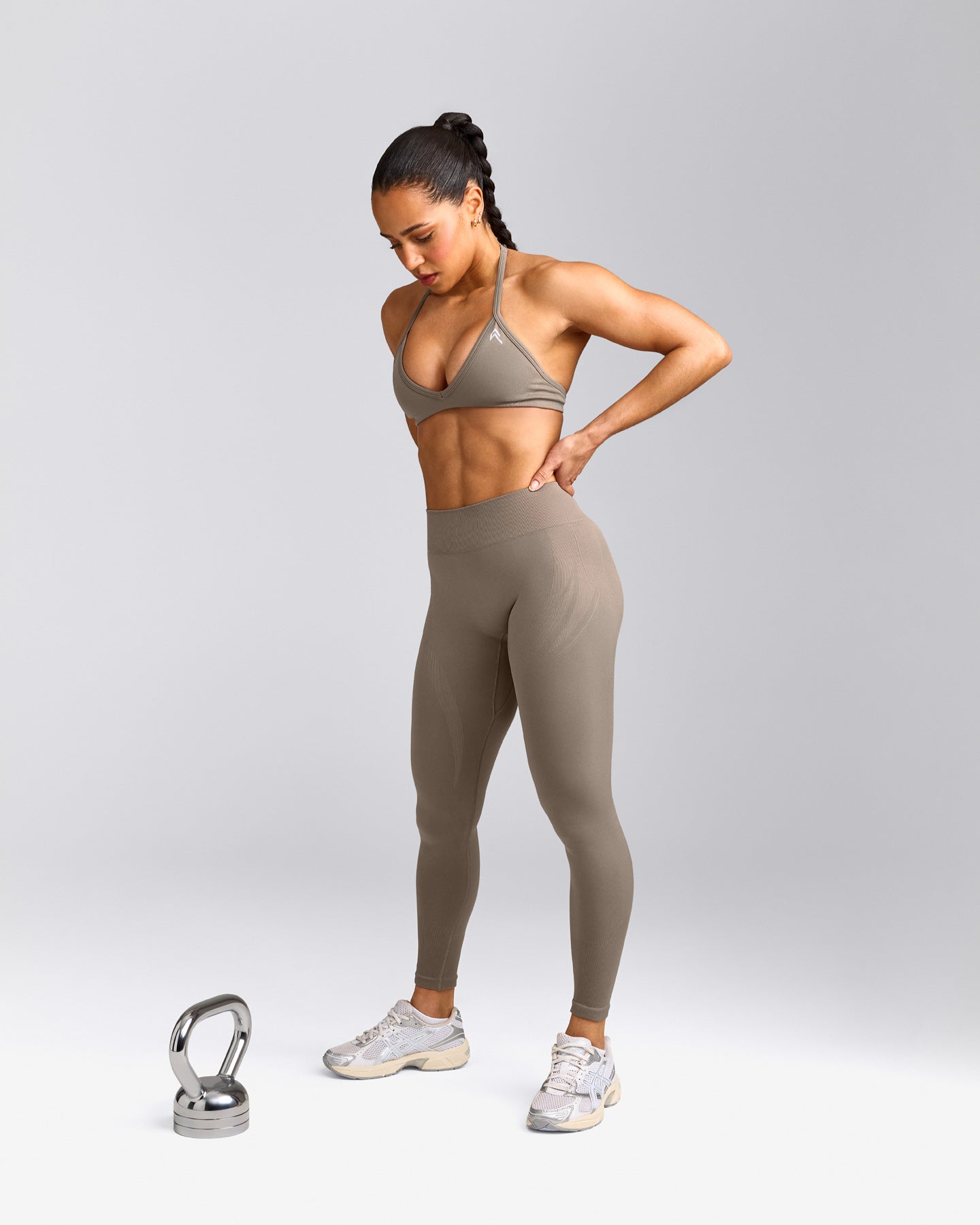 EnhanceLift™ Seamless Minimal Halter Neck Bralette with Grey Logo | Warm Minky