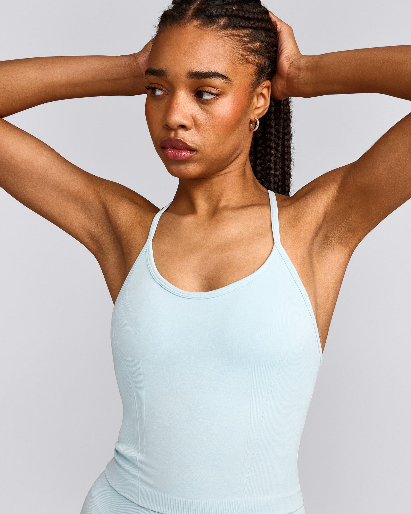 EnhanceLift™ Seamless Strappy Racer Vest with Built in Bra Shelf with Grey Logo | Cloud Blue