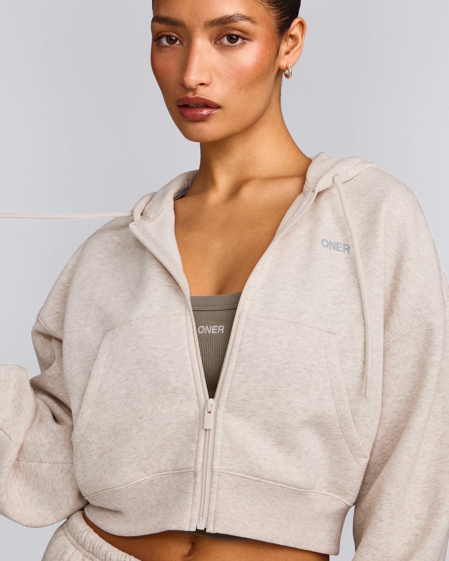 Foundations All Season Cropped Zip Through Hoodie | Oat Marl