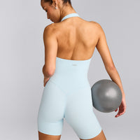 SoftMotion™ Halter Neck All In One Short with Grey Logo | Cloud Blue