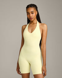 SoftMotion™ Halter Neck All In One Short with Grey Logo | Pastel Yellow