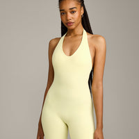 SoftMotion™ Halter Neck All In One Short with Grey Logo | Pastel Yellow