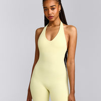 SoftMotion™ Halter Neck All In One Short with Grey Logo | Pastel Yellow
