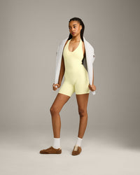 SoftMotion™ Halter Neck All In One Short with Grey Logo | Pastel Yellow