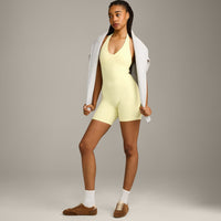 SoftMotion™ Halter Neck All In One Short with Grey Logo | Pastel Yellow