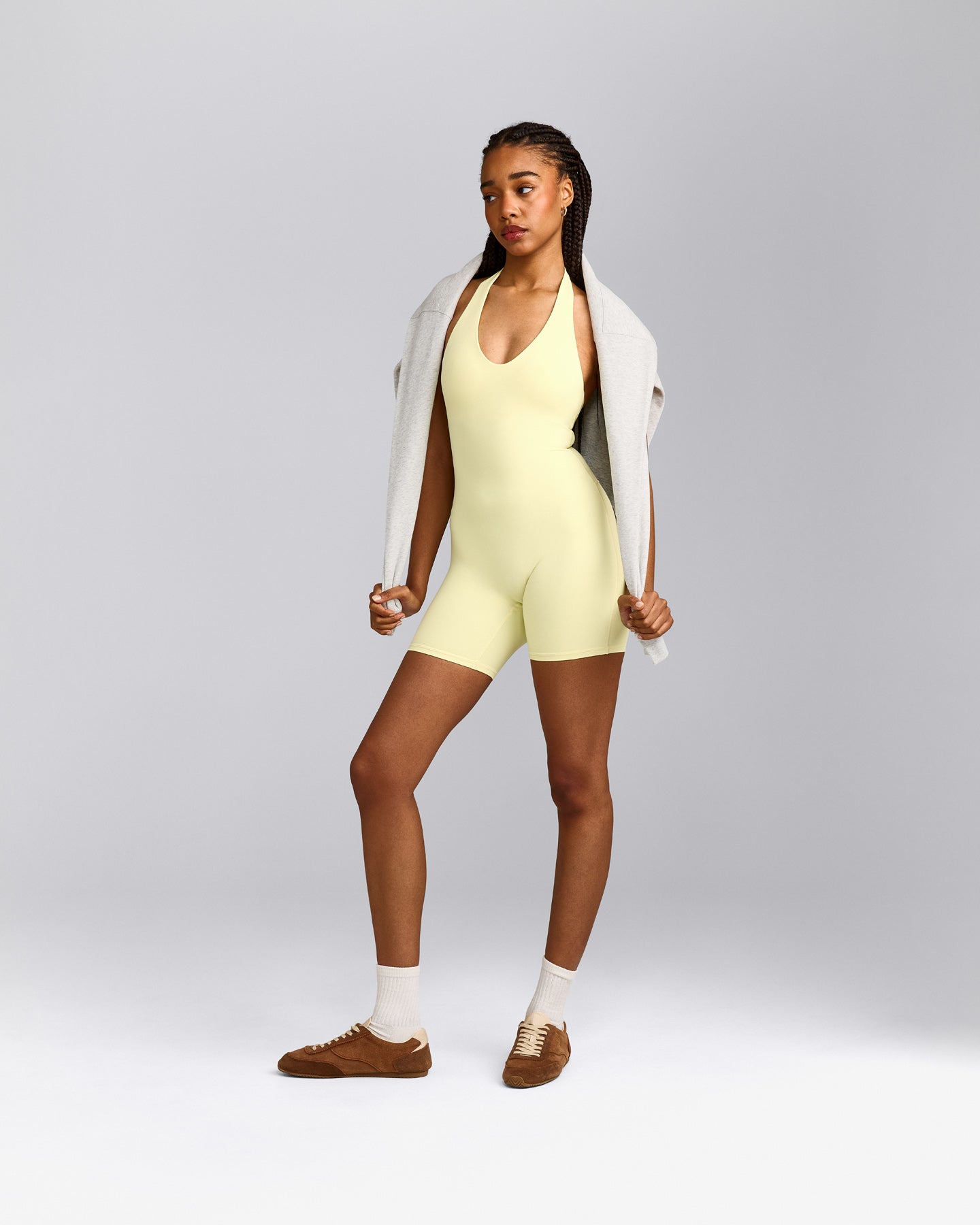 SoftMotion™ Halter Neck All In One Short with Grey Logo | Pastel Yellow