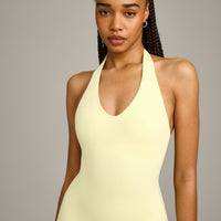 SoftMotion™ Halter Neck All In One Short with Grey Logo | Pastel Yellow