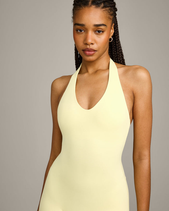 SoftMotion™ Halter Neck All In One Short with Grey Logo | Pastel Yellow