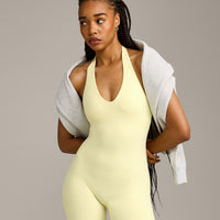SoftMotion™ Halter Neck All In One Short with Grey Logo | Pastel Yellow