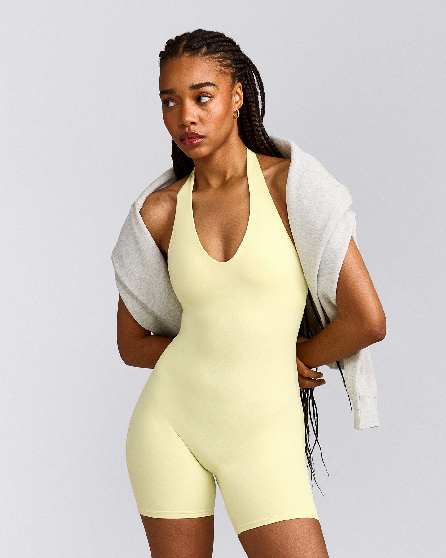 SoftMotion™ Halter Neck All In One Short with Grey Logo | Pastel Yellow
