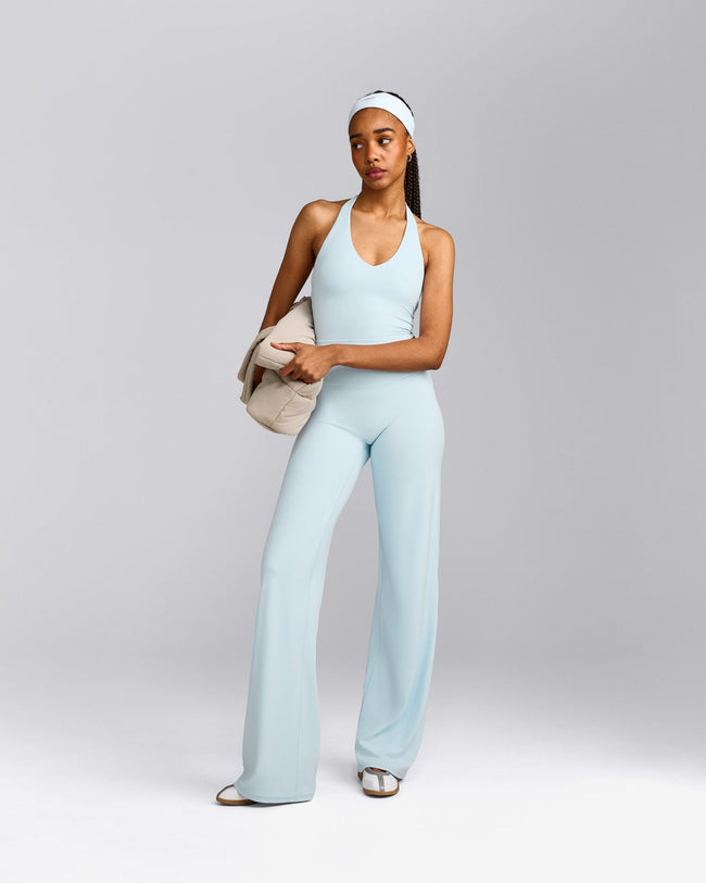 SoftMotion™ Halter Neck Mid Vest with Built in Bra Shelf with Grey Logo | Cloud Blue
