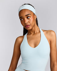 SoftMotion™ Halter Neck Mid Vest with Built in Bra Shelf with Grey Logo | Cloud Blue