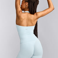 SoftMotion™ Halter Neck Tank Top with Built in Bra Shelf with Gray Logo | Cloud Blue