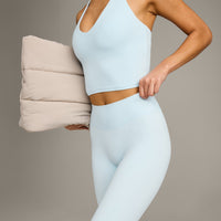 SoftMotion™ High Waisted Capri Leggings with Grey Logo | Cloud Blue