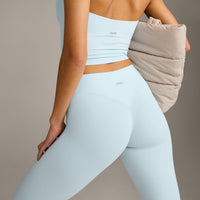 SoftMotion™ High Waisted Capri Leggings with Grey Logo | Cloud Blue
