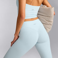 SoftMotion™ High Waisted Capri Leggings with Grey Logo | Cloud Blue