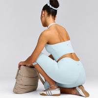 SoftMotion™ High Waisted Capri Leggings with Grey Logo | Cloud Blue