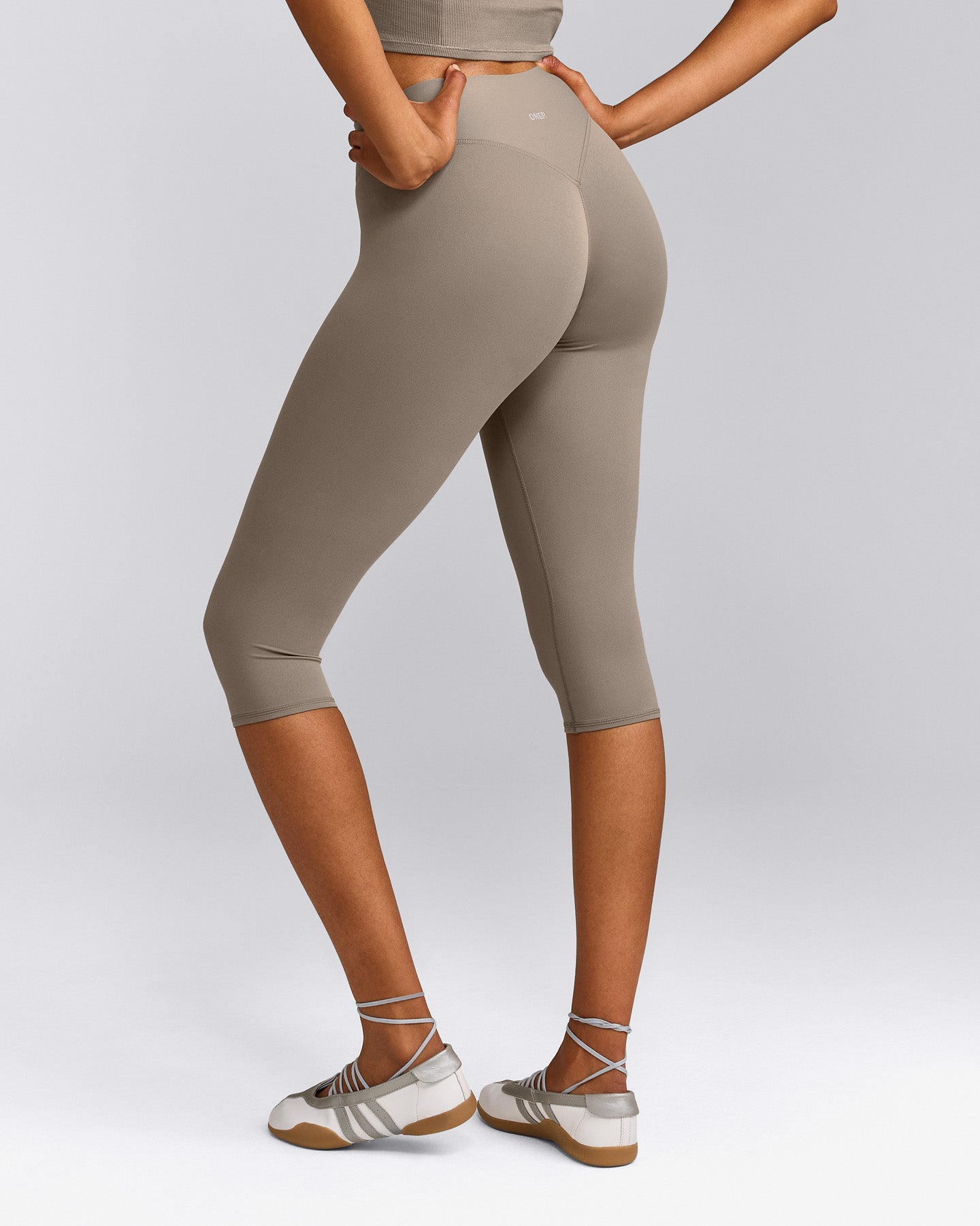 SoftMotion™ High Waisted Capri Leggings with Gray Logo | Minky