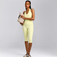 SoftMotion™ High Waisted Capri Leggings with Gray Logo | Pastel Yellow