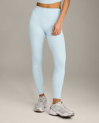 SoftMotion™ High Waisted Leggings with Grey Logo | Cloud Blue