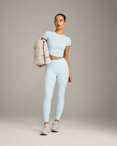 SoftMotion™ High Waisted Leggings with Grey Logo | Cloud Blue