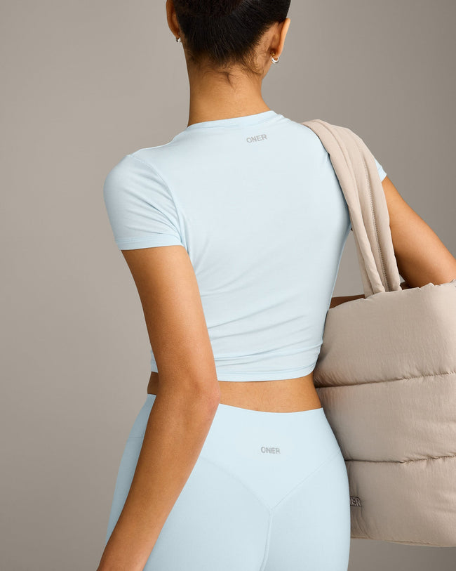 SoftMotion™ High Waisted Leggings with Grey Logo | Cloud Blue