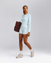 SoftMotion™ High Waisted Shorts 6" with Grey Logo | Cloud Blue