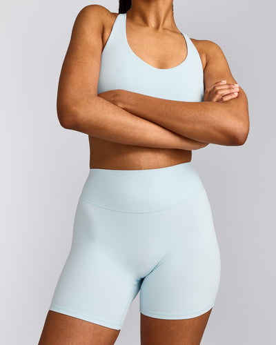 SoftMotion™ High Waisted Shorts 6" with Grey Logo | Cloud Blue