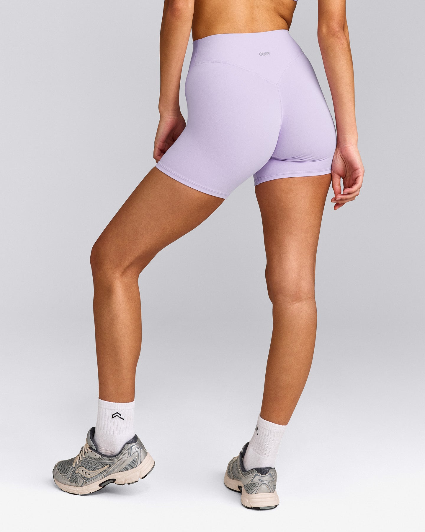 SoftMotion™ High Waisted Shorts 6" with Gray Logo | Lavender Purple