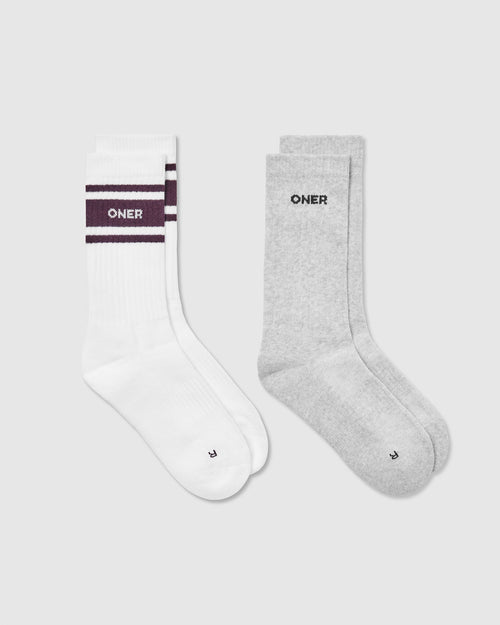 Oner Modal Varsity Long Crew Socks 2 Pack | Grey Marl/ White/ Blackberry