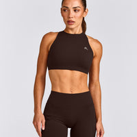 EasyLift™ High Neck Sports Bra with Gray Logo | 70% Cocoa