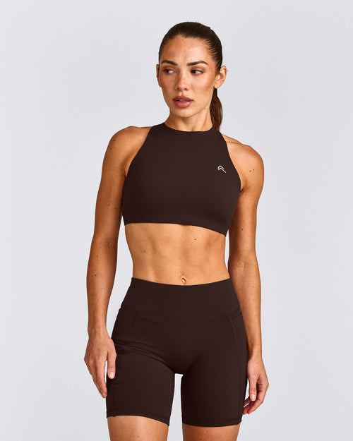 EasyLift™ High Neck Sports Bra with Gray Logo | 70% Cocoa