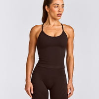 EnhanceLift™ Seamless Strappy Racer Tank Top with Built in Bra Shelf with Gray Logo | 70% Cocoa