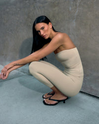 SoftMotion™ Bandeau Vest with Built in Bra Shelf with Grey Logo | Oatmeal